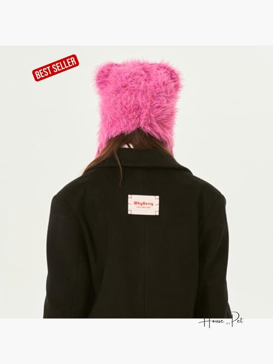 Cute Cat Ear y2k Furry Knit Beanie with Long Ear Straps Winter Hat